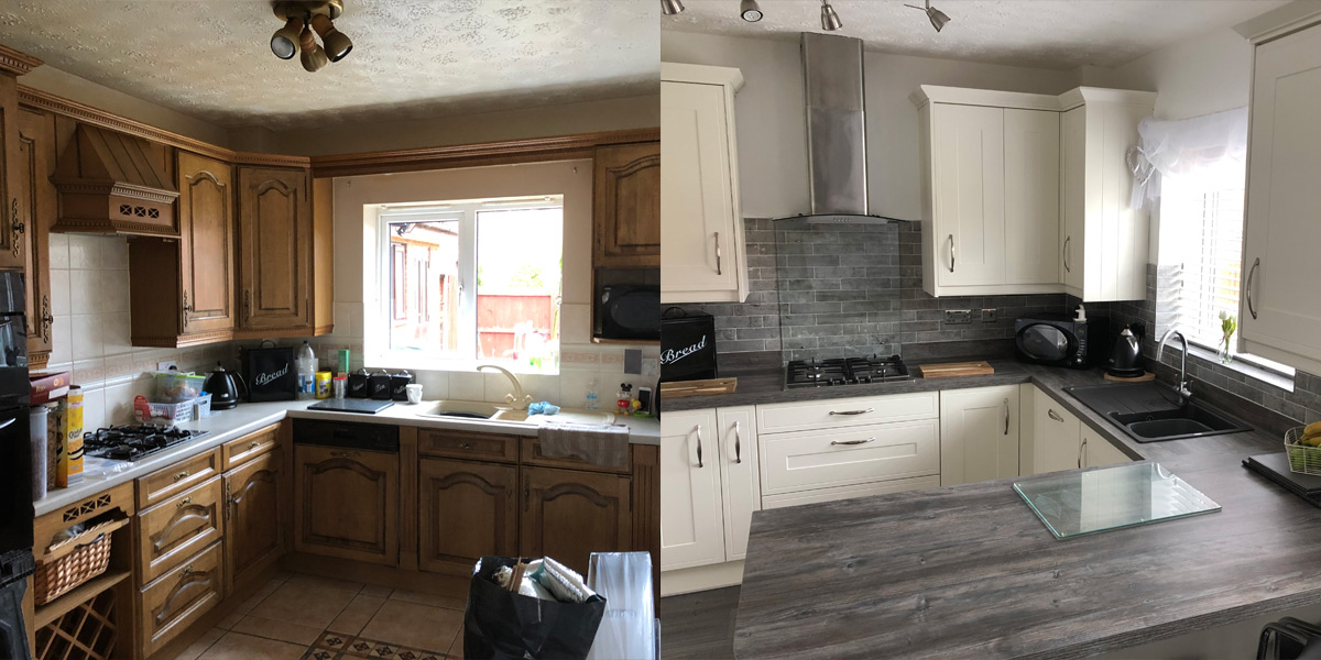 Before and after photos of kitchen in Wrexham